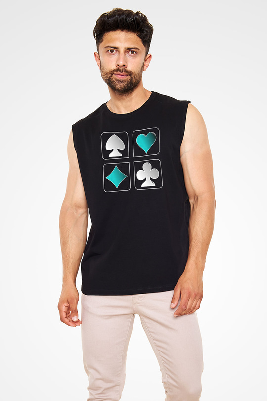 Briç Baskılı Unisex Siyah Kolsuz Tişört