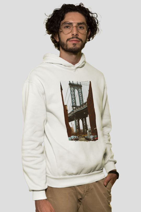 Brooklyn Köprüsü Beyaz Unisex Hoodie