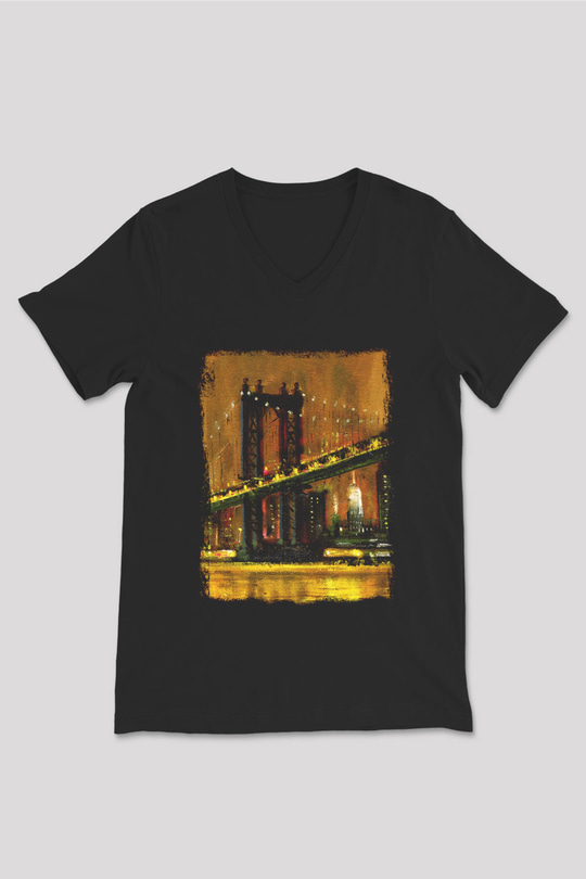 Brooklyn Köprüsü Siyah Unisex V Yaka Tişört T-Shirt