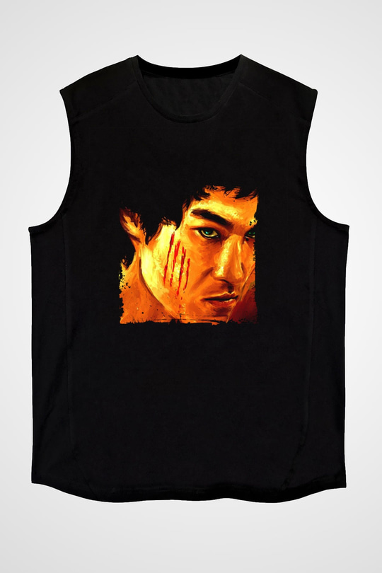 Bruce Lee Baskılı Unisex Siyah Kolsuz Tişört
