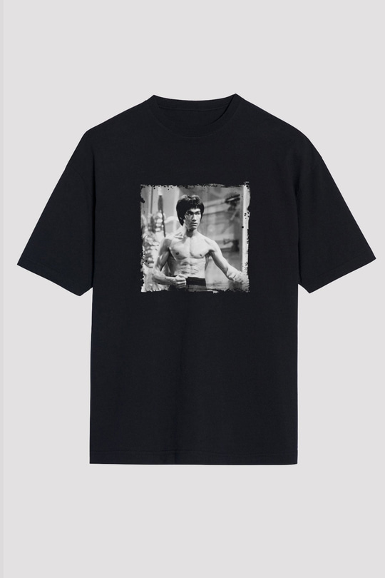 Bruce Lee Baskılı Unisex Siyah Oversize Tişört
