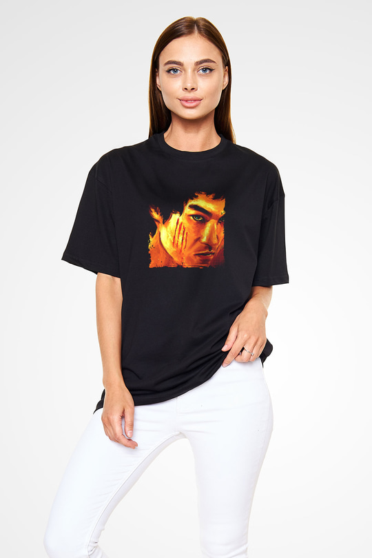 Bruce Lee Baskılı Unisex Siyah Oversize Tişört
