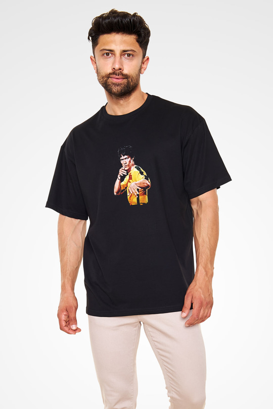 Bruce Lee Baskılı Unisex Siyah Oversize Tişört