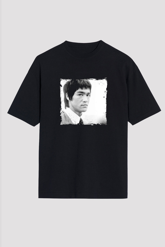 Bruce Lee Baskılı Unisex Siyah Oversize Tişört