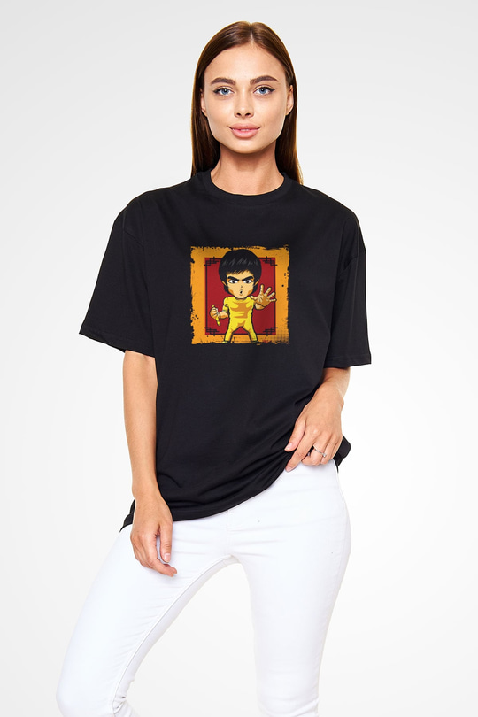 Bruce Lee Baskılı Unisex Siyah Oversize Tişört