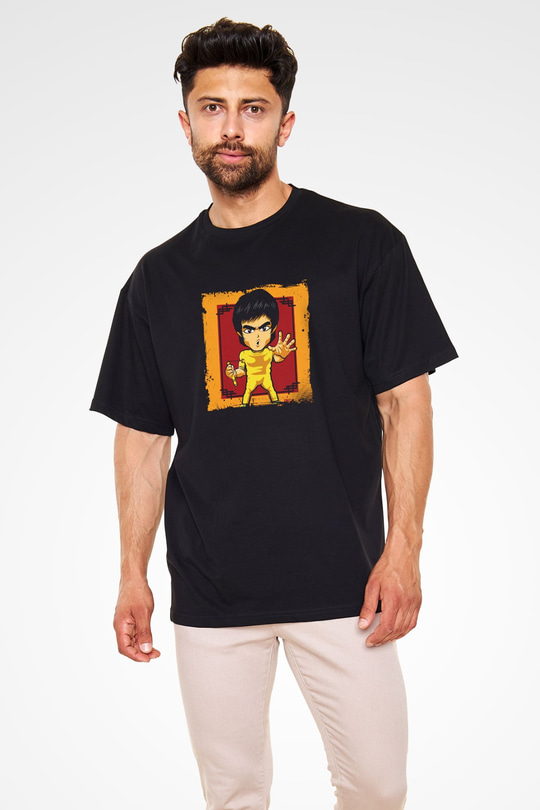 Bruce Lee Baskılı Unisex Siyah Oversize Tişört