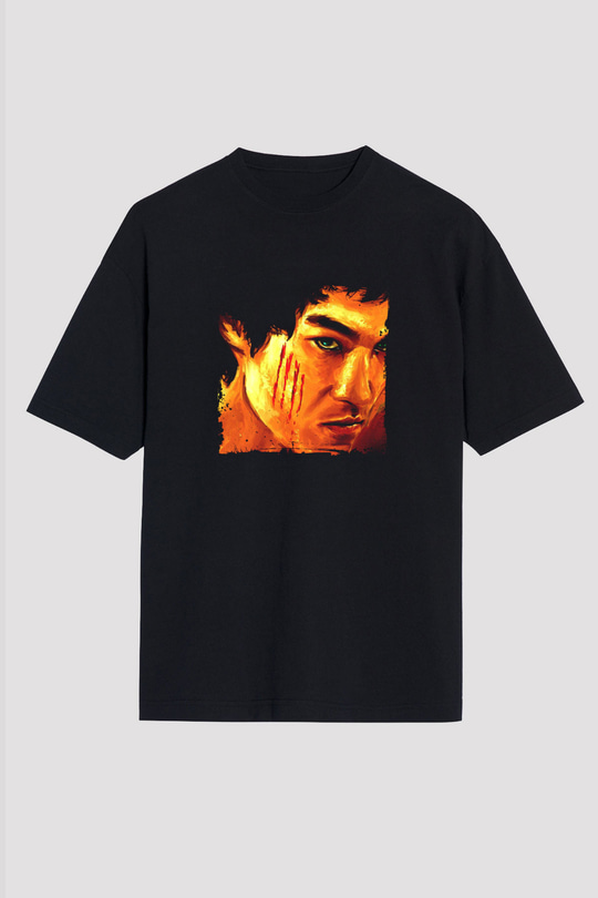 Bruce Lee Baskılı Unisex Siyah Oversize Tişört