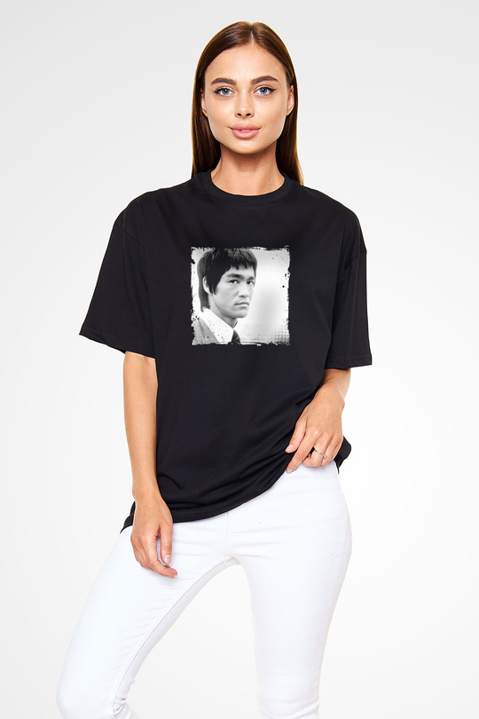 Bruce Lee Baskılı Unisex Siyah Oversize Tişört