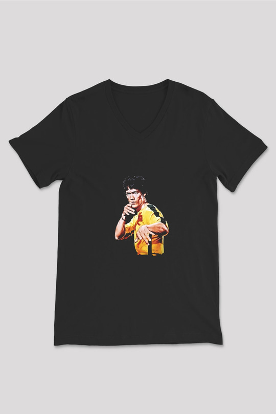 Bruce Lee Baskılı Unisex Siyah V Yaka Tişört