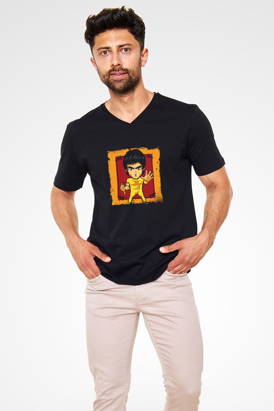 Bruce Lee Baskılı Unisex Siyah V Yaka Tişört