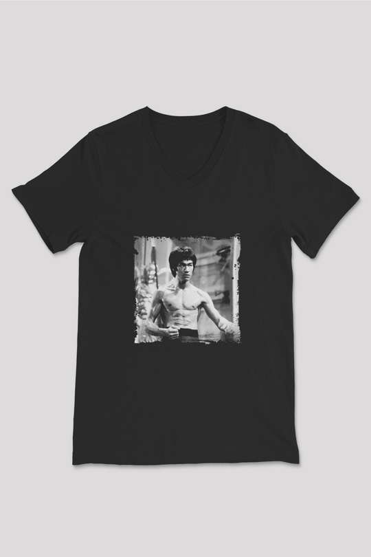 Bruce Lee Baskılı Unisex Siyah V Yaka Tişört