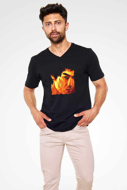 Bruce Lee Baskılı Unisex Siyah V Yaka Tişört
