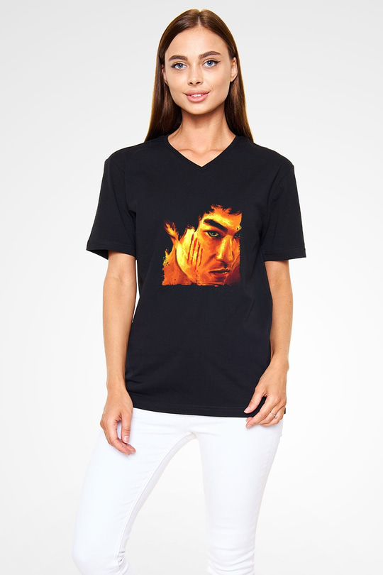 Bruce Lee Baskılı Unisex Siyah V Yaka Tişört