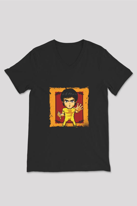 Bruce Lee Baskılı Unisex Siyah V Yaka Tişört