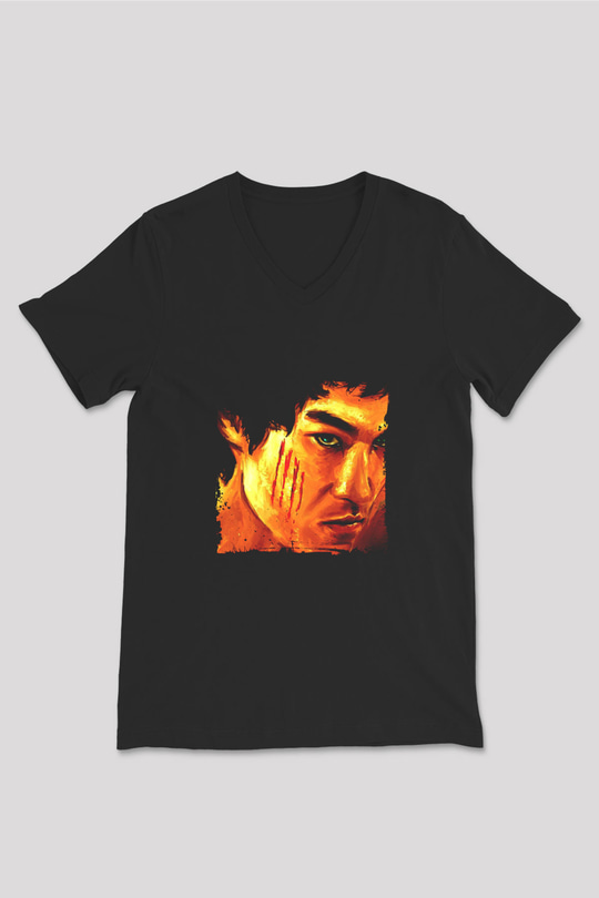 Bruce Lee Baskılı Unisex Siyah V Yaka Tişört