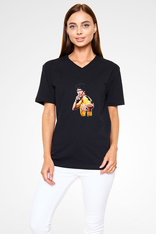 Bruce Lee Baskılı Unisex Siyah V Yaka Tişört