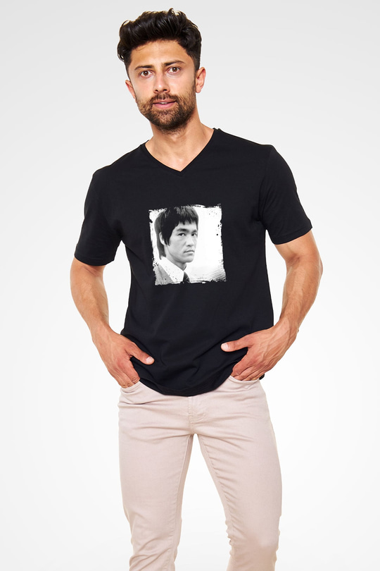 Bruce Lee Baskılı Unisex Siyah V Yaka Tişört