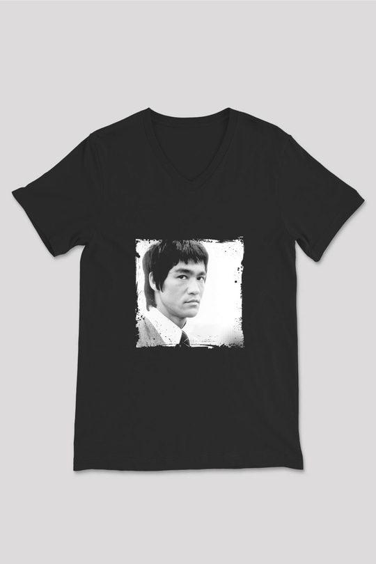 Bruce Lee Baskılı Unisex Siyah V Yaka Tişört