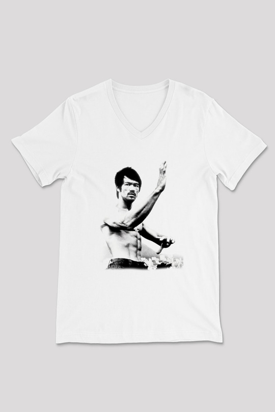 Bruce Lee Beyaz Unisex V Yaka Tişört