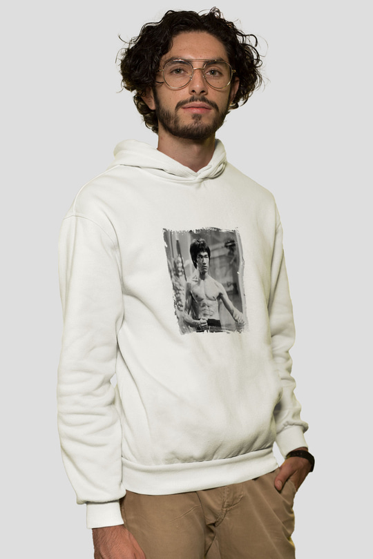 Bruce Lee Unisex Baskılı Beyaz Kapüşonlu Sweatshirt