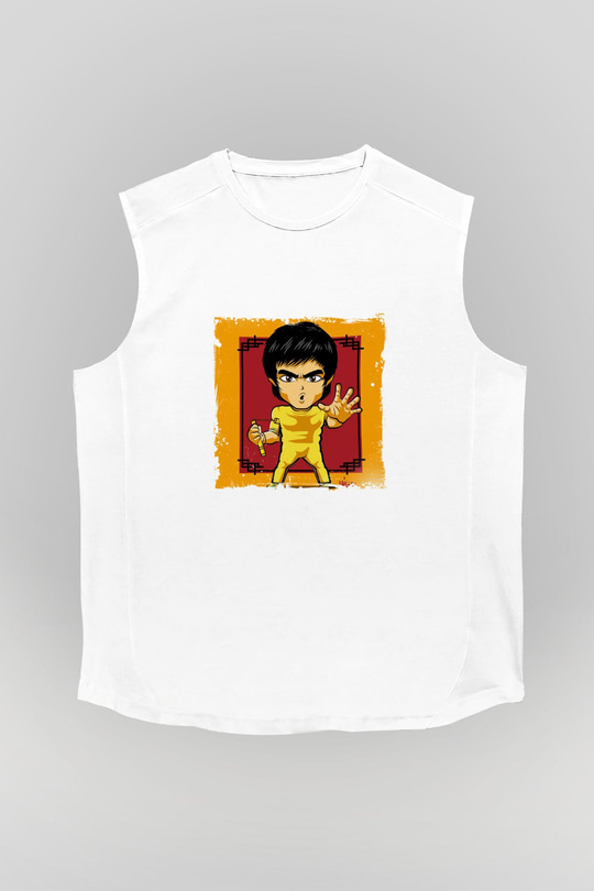 Bruce Lee Unisex Baskılı Beyaz Kolsuz Tişört