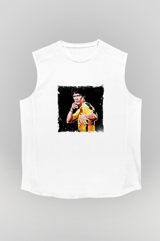 Bruce Lee Unisex Baskılı Beyaz Kolsuz Tişört