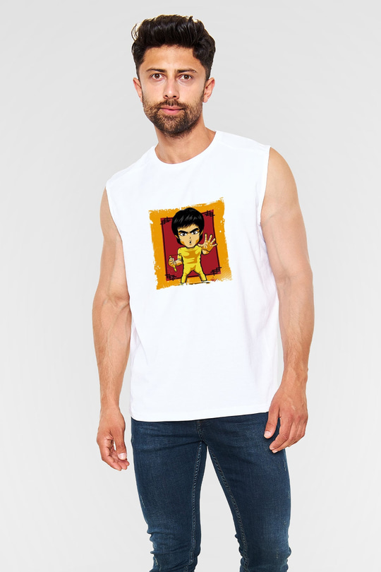 Bruce Lee Unisex Baskılı Beyaz Kolsuz Tişört