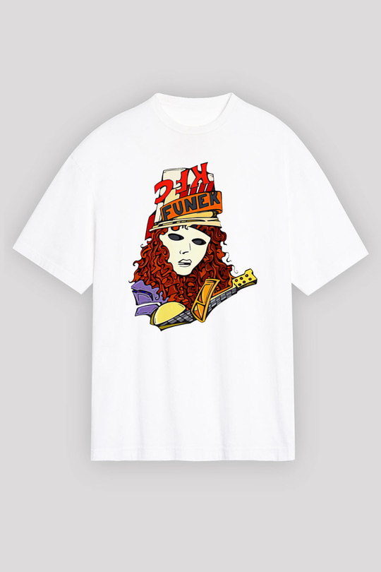 Buckethead Baskılı Beyaz Unisex Oversize Tişört - Tshirt