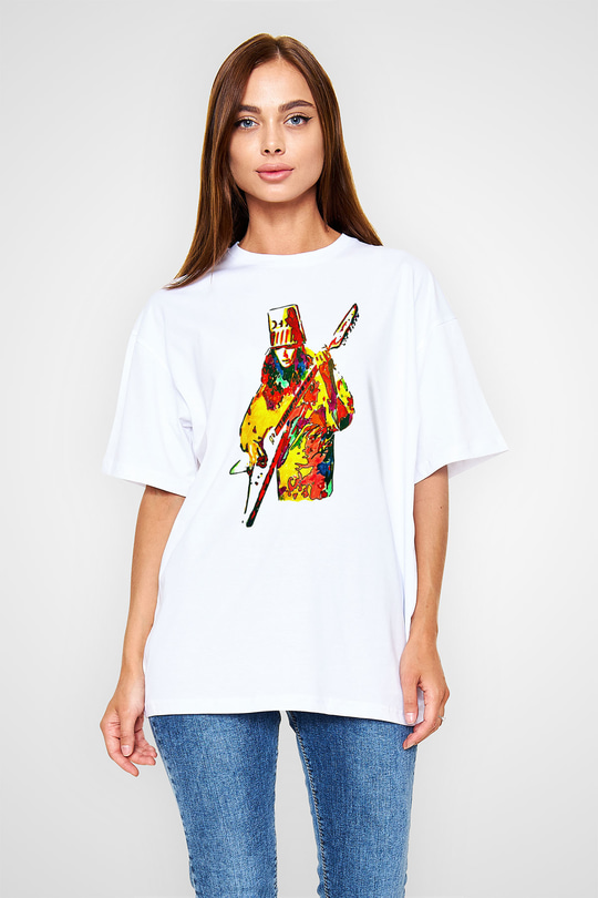 Buckethead Baskılı Beyaz Unisex Oversize Tişört - Tshirt