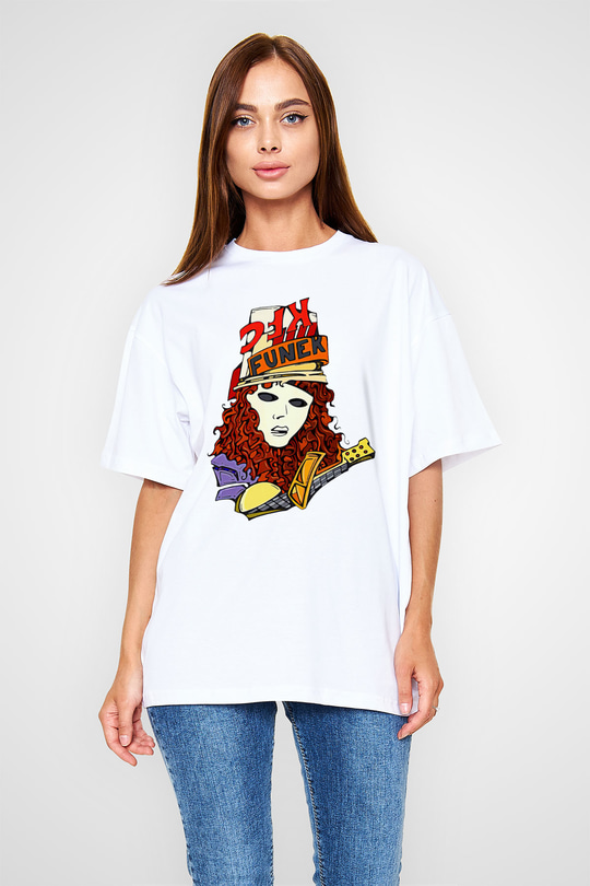Buckethead Baskılı Beyaz Unisex Oversize Tişört - Tshirt