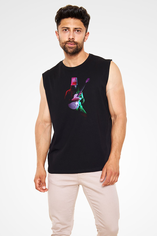 Buckethead Baskılı Unisex Siyah Kolsuz Tişört - Tshirt