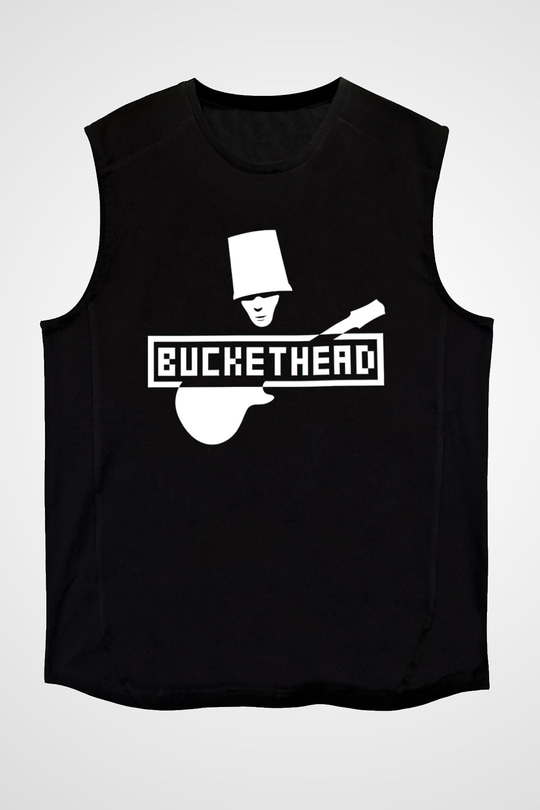 Buckethead Baskılı Unisex Siyah Kolsuz Tişört - Tshirt