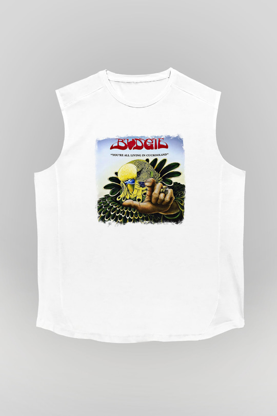 Budgie Baskılı Unisex Beyaz Kolsuz Tişört