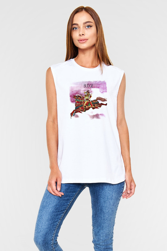 Budgie Baskılı Unisex Beyaz Kolsuz Tişört