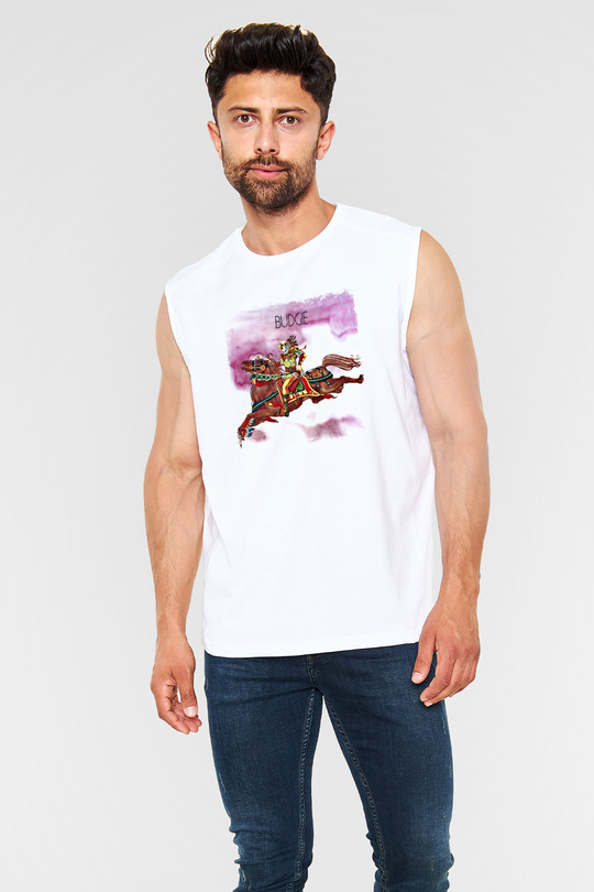 Budgie Baskılı Unisex Beyaz Kolsuz Tişört