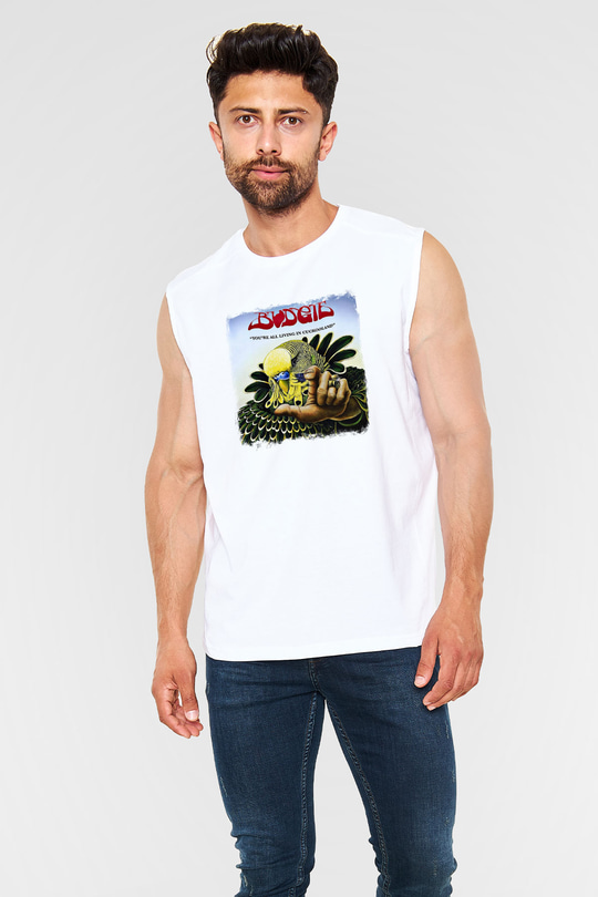 Budgie Baskılı Unisex Beyaz Kolsuz Tişört