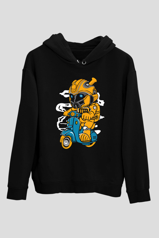 Bumble Bee Scooter Baskılı Unisex Siyah Hoodie
