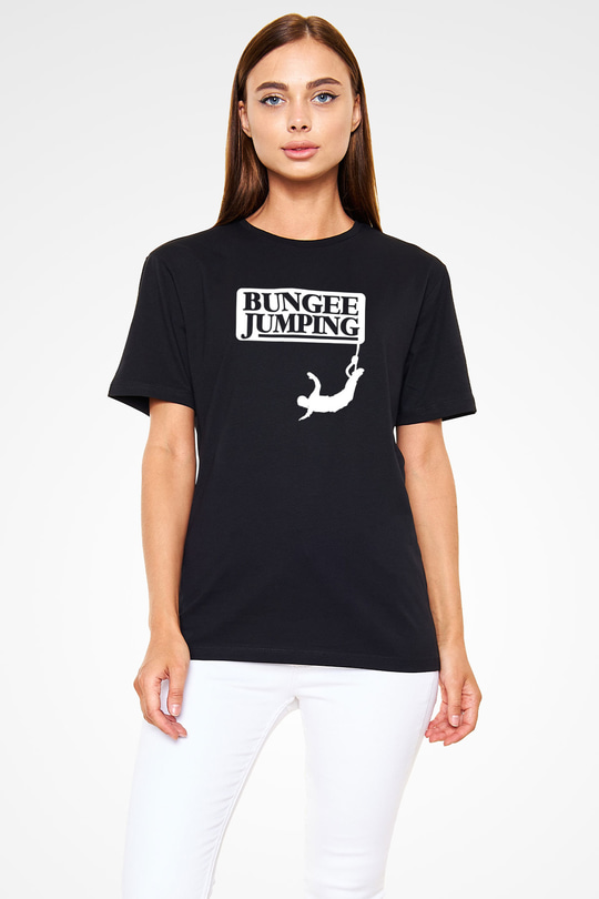 Bungee Jumping Baskılı Unisex Siyah Tişört - Tshirt