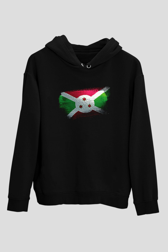 Burundi Bayrağı Baskılı Unisex Siyah Hoodie