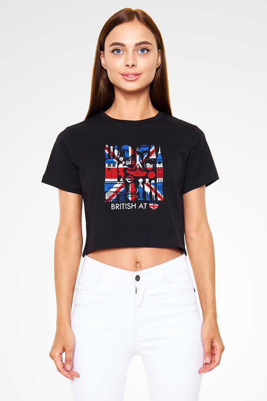 Büyük Britanya Siyah Crop Top Tişört