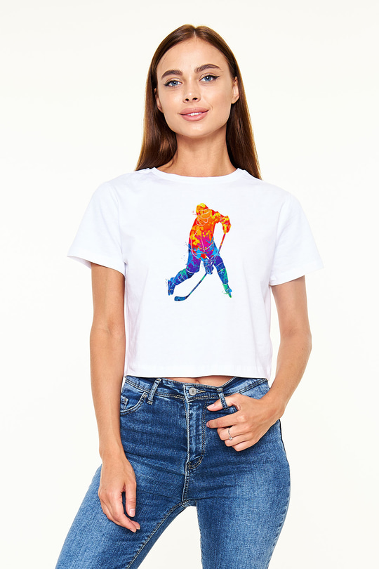 Buz Hokeyi Baskılı Crop Top Beyaz Tişört - T-shirt