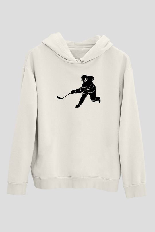Buz Hokeyi Baskılı Unisex Ekru Hoodie