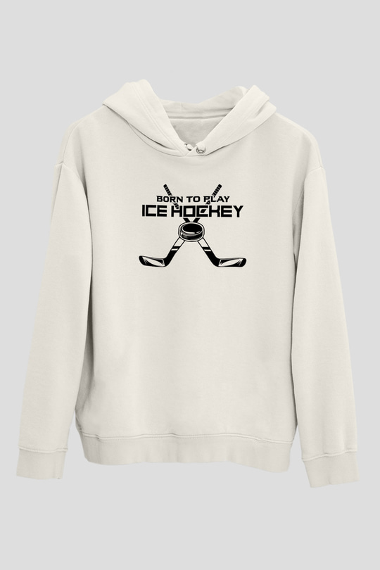 Buz Hokeyi Baskılı Unisex Ekru Hoodie