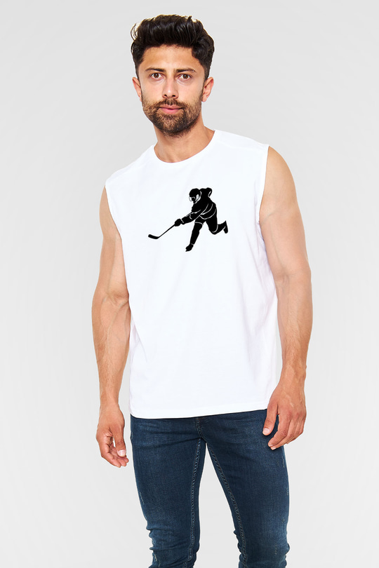 Buz Hokeyi Baskılı Unisex Kolsuz Beyaz Tişört