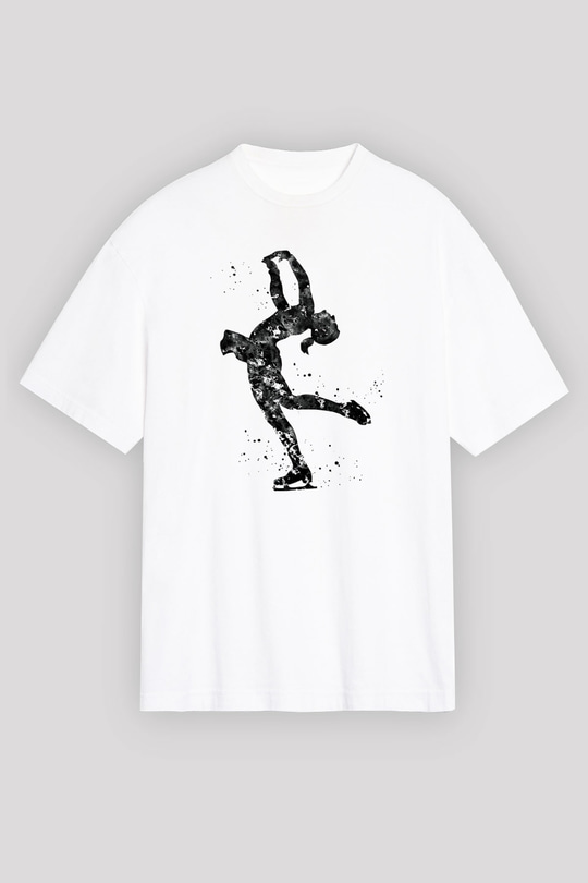 Buz Pateni Baskılı Unisex Beyaz Oversize Tişört - Tshirt