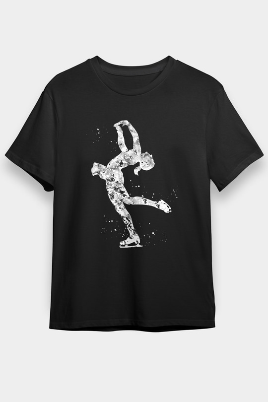 Buz Pateni - Ice skating Baskılı Unisex Siyah Tişört - Tshirt