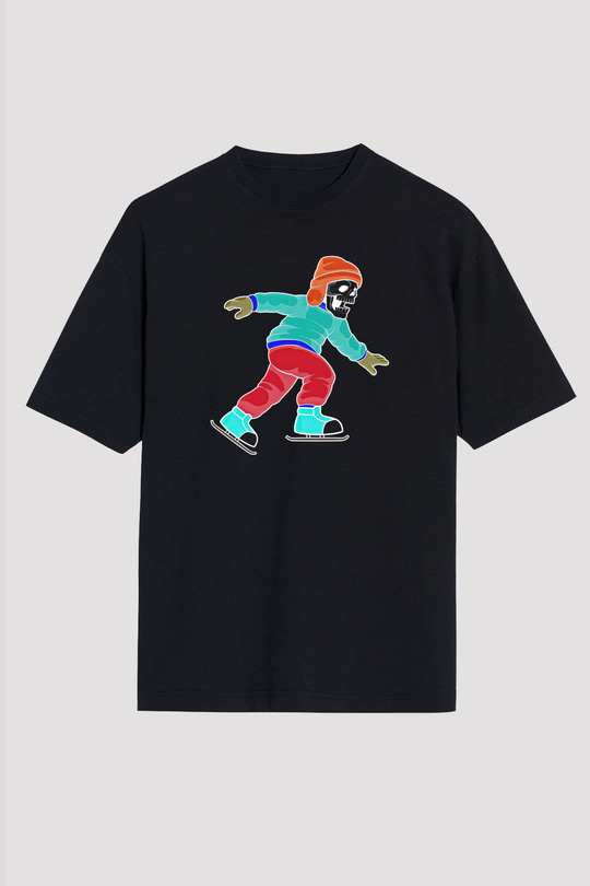 Buz Pateni - Ice skating Baskılı Unisex Siyah Oversize Tişört