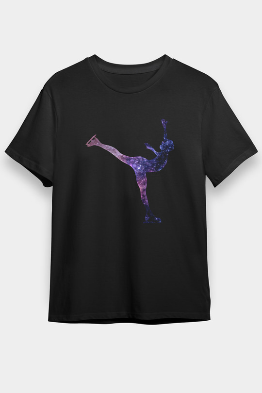Buz Pateni - Ice skating Baskılı Unisex Siyah Tişört - Tshirt