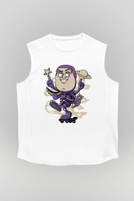 Buzz Skateboard Baskılı Unisex Beyaz Kolsuz Tişört