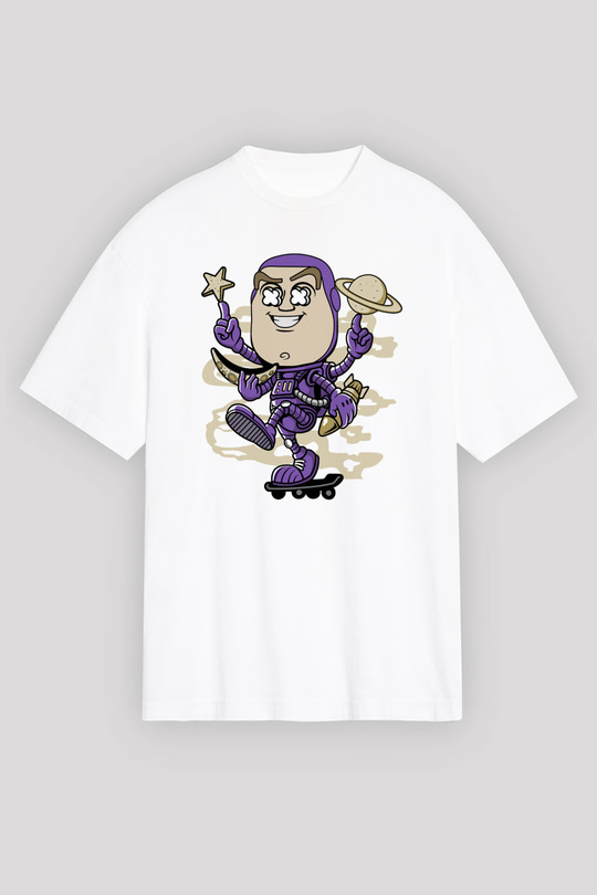 Buzz Skateboard Baskılı Unisex Beyaz Oversize Tişört